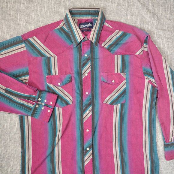 VINTAGE Wrangler Shirt Size XL 17.5x35 Pearl Snap Western Striped Long Sleeve - Picture 2 of 12